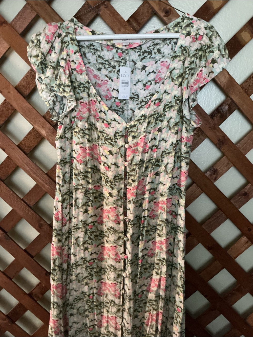 LOFT Pink & Olive Floral Midi Dress with Buttons